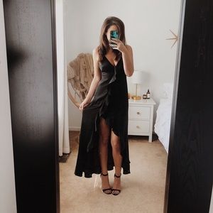 capriccio satin floral ruffle maxi dress